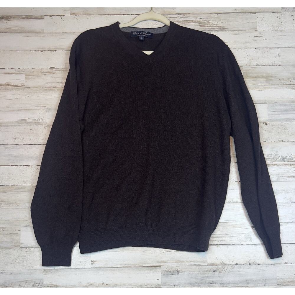 Davis & Squires Mens M Dark Brown 100% Fine Merino Wool V Neck Sweater Pullover